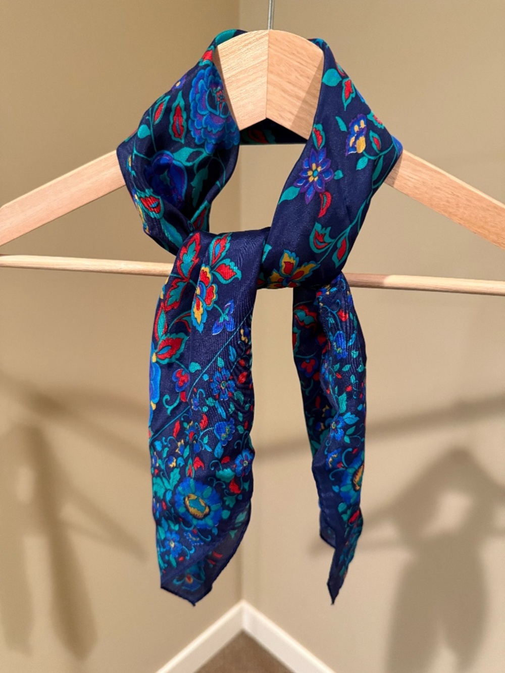 Vintage 100% Silk Scarf, Made in Japan, Blue floral